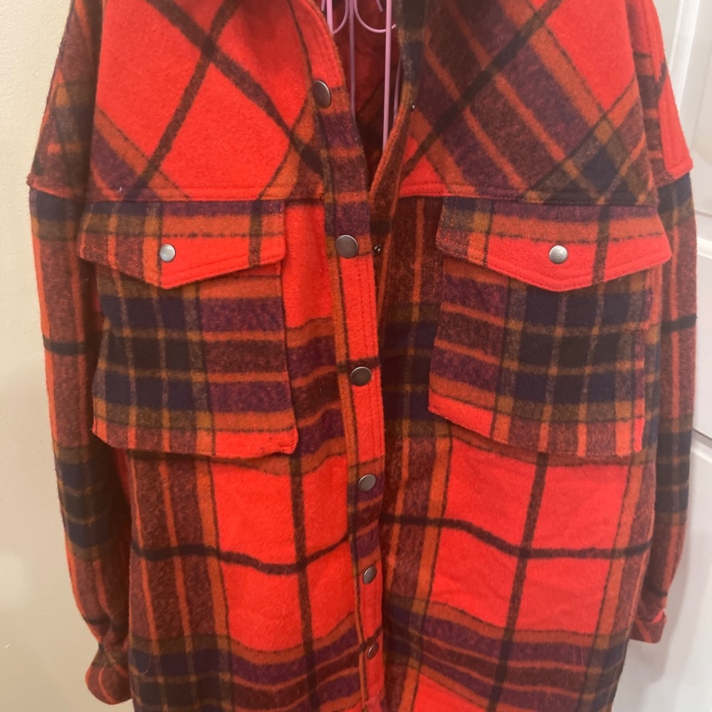 Free People Cabin Cozy Button Down Jacket Size L Red Plaid Oversized - Picture 2 of 5